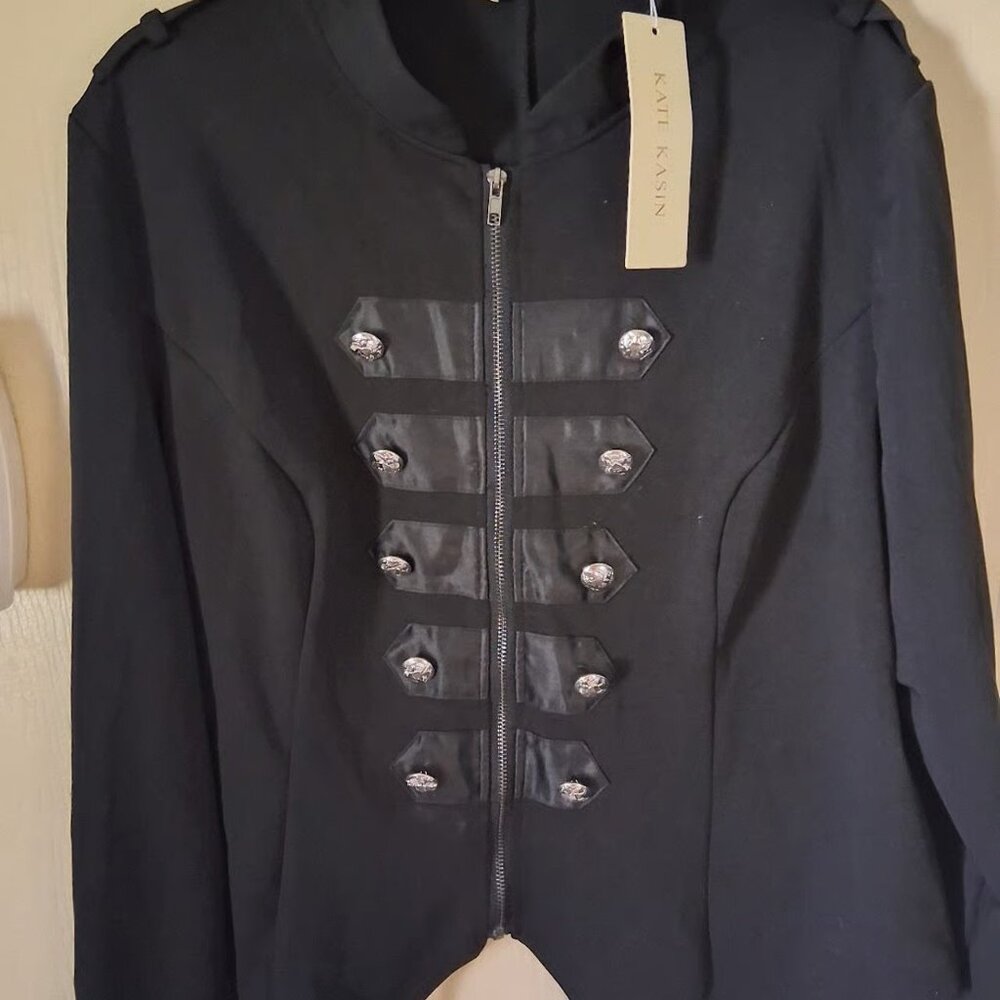 Kate Kasin Victorian Steampunk Jacket Military Style Blazer Black Zip-up XXL NWT